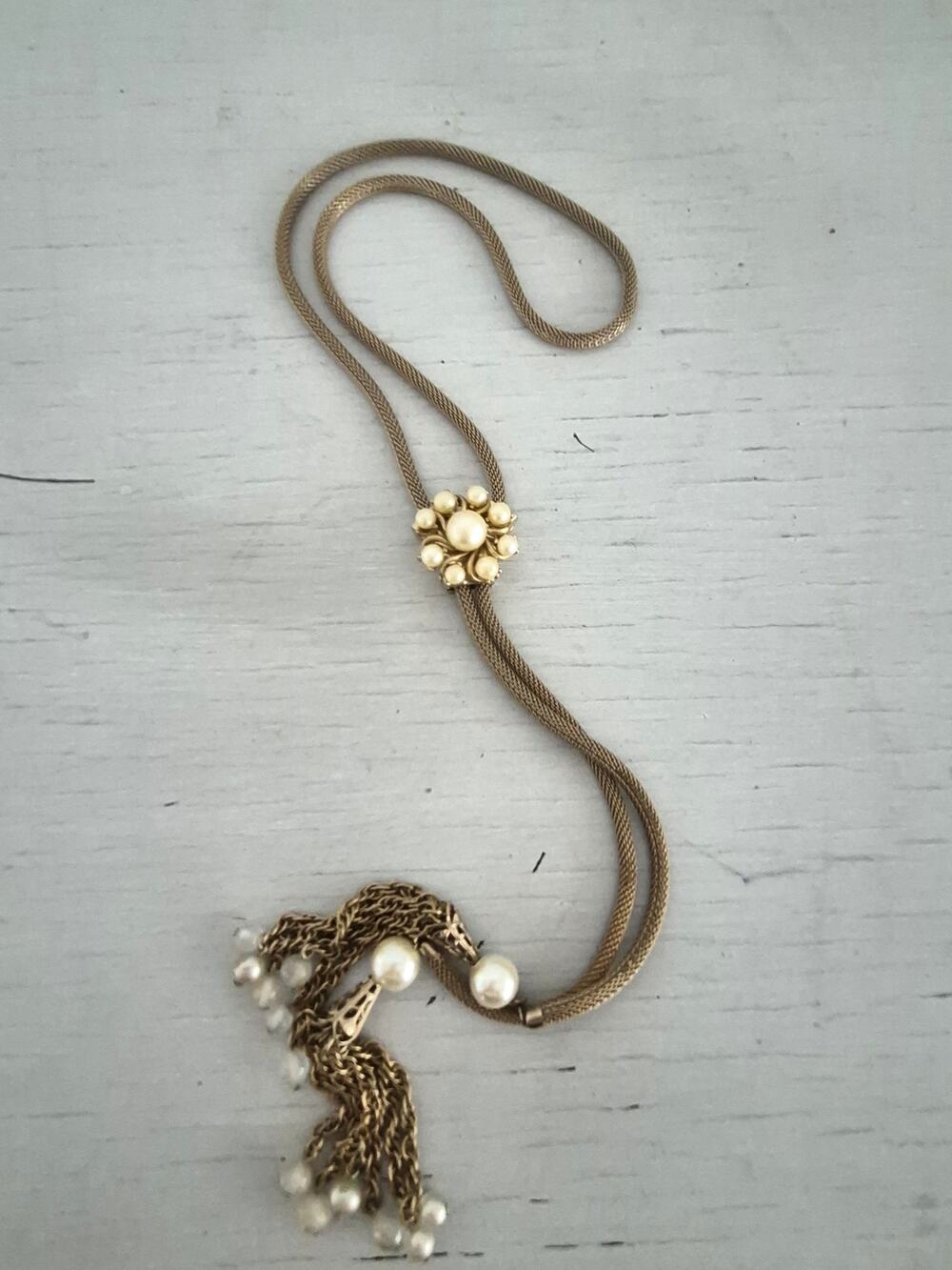 Vintage Hope Chest Faux Pearl Lariat Adjustable Slider Necklace